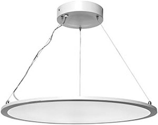 Eine runde, weiße, moderne Pendelleuchte hängt von der Decke, von drei Kabeln getragen, und wirft Licht nach unten.