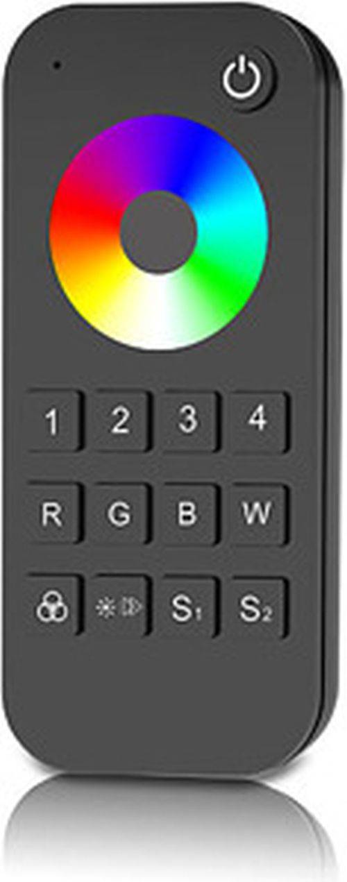 Eine schwarze Fernbedienung mit einem Farbrad an der Oberseite und Tasten, die mit '1' bis '4', 'R', 'G', 'B', 'W' beschriftet sind sowie Symbole für Einstellungen.