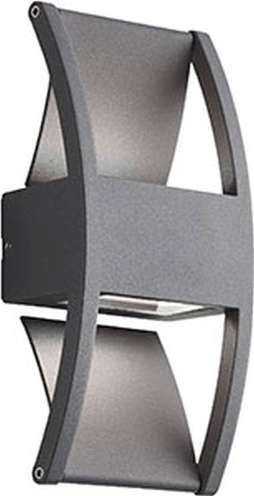 Eine moderne, rechteckige Außenwandlampe mit Metallrahmen und Glaspaneelen, konzipiert zur Beleuchtung von Außenbereichen.