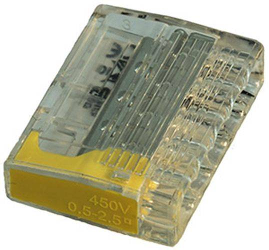 Ein transparenter Kunststoff-Leitungsverbinder mit einer gelben Basis, beschriftet mit '450V 0,5-2,5', der die Spannung und Drahtgrößenkapazität anzeigt.