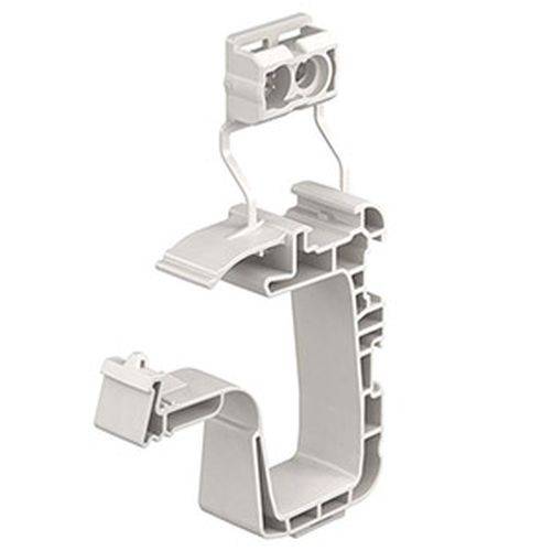 Ein weißer Kunststoff-Kabelclip, der zum Befestigen von elektrischen Kabeln entwickelt wurde. Er hat eine hakähnliche Form mit einem Schnappverschluss an der Oberseite zum Schließen.