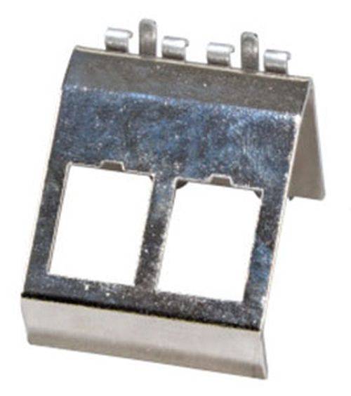 Eine glänzende Metallhalterung mit zwei rechteckigen Ausschnitten und mehreren Laschen oben, wahrscheinlich zur Montage oder Befestigung von elektronischen Komponenten.