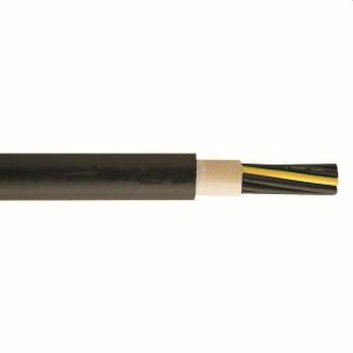 Schwarzes Kabel mit drei Drähten, einschließlich gelb und grün, an einem Ende teilweise freiliegend, geeignet für elektrische Installationen.