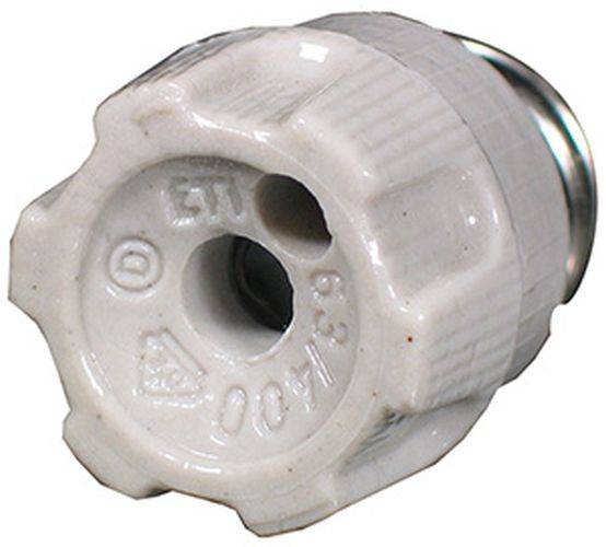 Eine weiße keramische Elektrosicherung mit geprägtem Text und Symbolen, die elektrische Spezifikationen anzeigen.