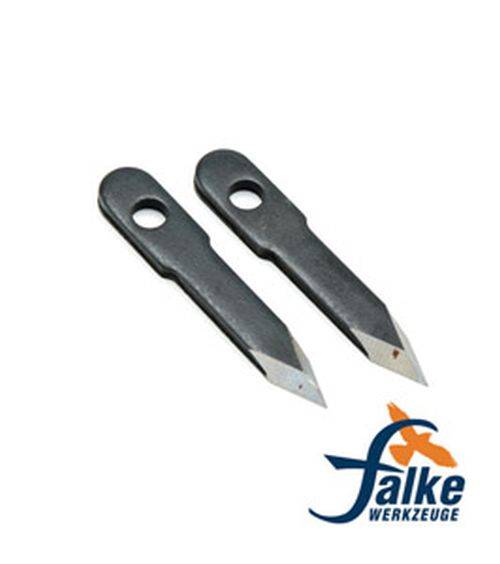 Falke Werkzeuge' Ersatzklingen mit Löchern zur Befestigung, mit Logo unten rechts. Schwarz mit scharfen, abgewinkelten Spitzen.