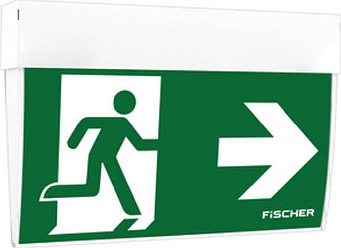 Grünes Ausgangsschild mit einer laufenden Figur und einem Pfeil, der nach rechts weist und die Richtung zum nächstgelegenen Ausgang anzeigt.