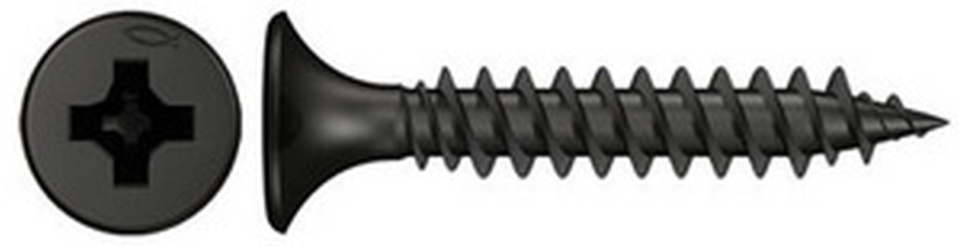 Ein Nahaufnahmebild einer schwarzen Schraube mit Senkkopf und groben Gewinde, entwickelt zum Befestigen von Gipskartonplatten an Holz- oder Metallständerwerk.