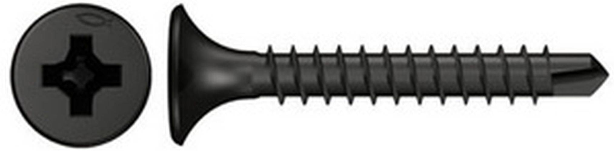 Eine Nahaufnahme einer schwarzen Schraube mit Kreuzschliff und scharfen Gewindegängen, die für Holz- oder Trockenbauanwendungen verwendet wird.