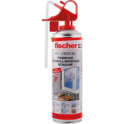 Eine Dose Fischer PU 1/500 B2 Schaum mit Applikationsdüse, gekennzeichnet für Premium-Schnellmontage. Geeignet für Fensterinstallationen und Fugendichtung.