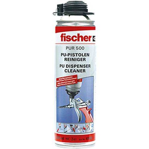 Patrone mit der Aufschrift 'fischer PUR 500 PU-PISTOLEN REINIGER PU DISPENSER CLEANER' mit einer Illustration eines Auftragswerkzeugs, das gereinigt wird.