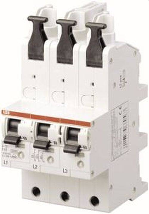 Ein dreiphasiger Leistungsschalter mit drei Schaltern, die mit L1, L2 und L3 beschriftet sind, der in elektrischen Systemen zur Sicherheit und Stromsteuerung verwendet wird.