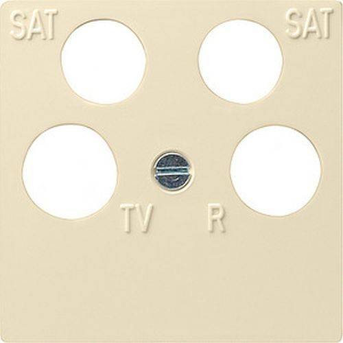 Eine beige Wanddose mit vier kreisförmigen Öffnungen, beschriftet mit 'SAT', 'SAT', 'TV' und 'R' zum Anschluss von Satelliten-, TV- und Radiokabeln.