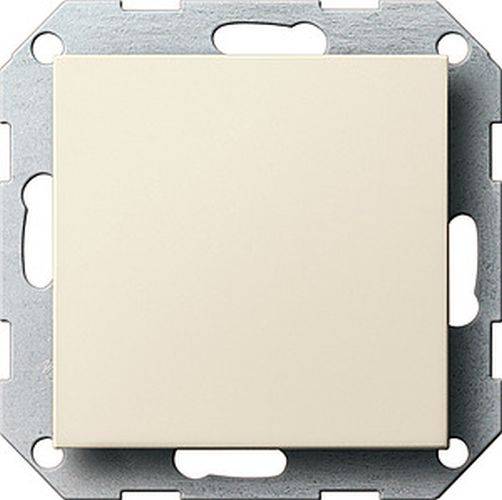 Eine beige quadratische Schalterabdeckung, die auf einem Metallrahmen montiert ist und für den Einsatz in einer elektrischen Installation vorgesehen ist.