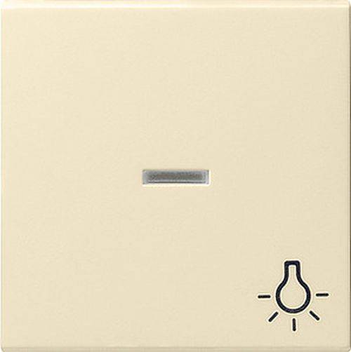 Ein beiger Lichtschalter mit einem kleinen horizontalen Indikator und einem Glühbirnen-Symbol unten rechts, der eine Beleuchtungssteuerung repräsentiert.