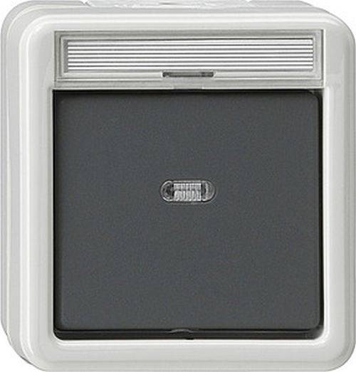Ein quadratischer Lichtschalter mit einer dunklen Mitteltafel und einem kleinen horizontalen Lichtindikator an der Oberseite, eingebettet in einen weißen Rahmen.