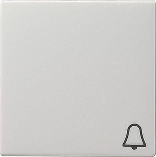 Ein weißer elektrischer Schalter mit einem Glocken-Symbol in der unteren rechten Ecke, der darauf hindeuten könnte, dass er zum Aktivieren einer Türklingel verwendet wird.