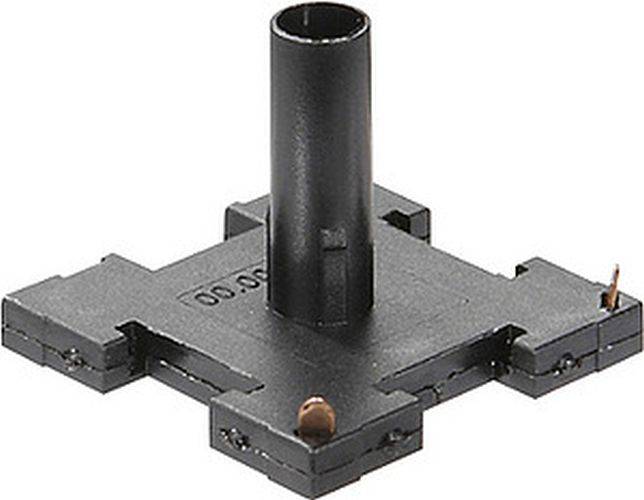 Eine quadratische schwarze mechanische Komponente mit einer zentralen vertikalen zylindrischen Röhre, wahrscheinlich Teil einer größeren Vorrichtung oder Baugruppe.