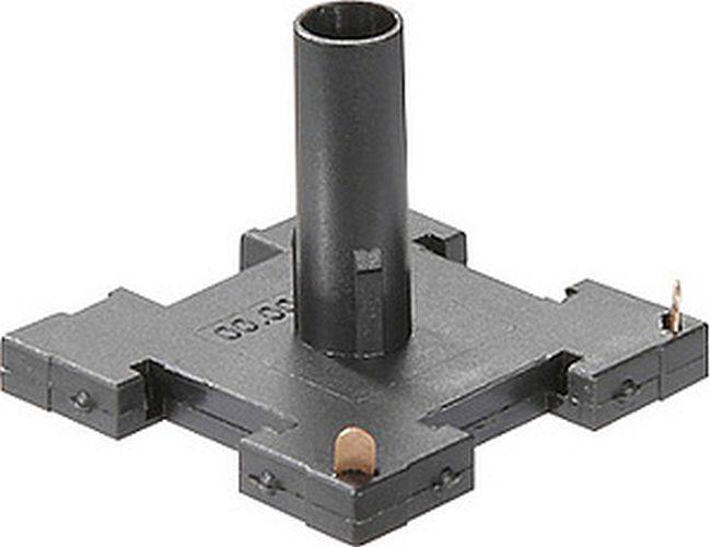 Ein kleines schwarzes Plastikteil mit einer zentralen zylindrischen Vorwölbung und einer flachen Basis, höchstwahrscheinlich als Verbindungs- oder Stützelement bei einer Montage verwendet.