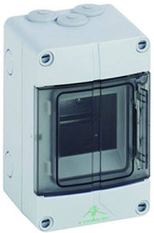 Eine kompakte, graue Elektroverteilerdose mit transparentem Frontdeckel, entwickelt zur Unterbringung von Sicherungsautomaten oder elektrischen Komponenten.