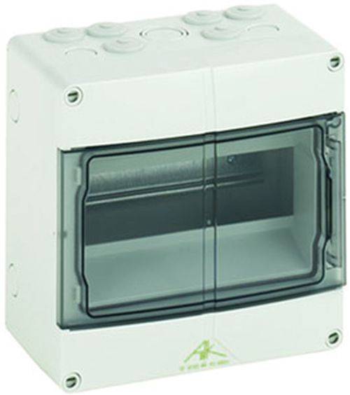 Eine weiße Kunststoff-Elektro-Abzweigdose mit transparenter Frontabdeckung und kreisförmigen Aussparungen auf der Oberseite für Kabeleinführungen.
