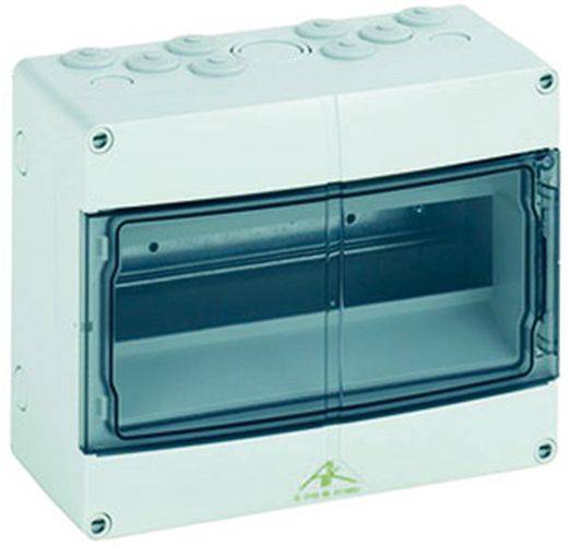 Kleiner weißer elektrischer Verteilerschrank mit transparenter Frontscheibe zur Sichtbarkeit, der dazu dient, elektrische Schaltkreise sicher zu organisieren.