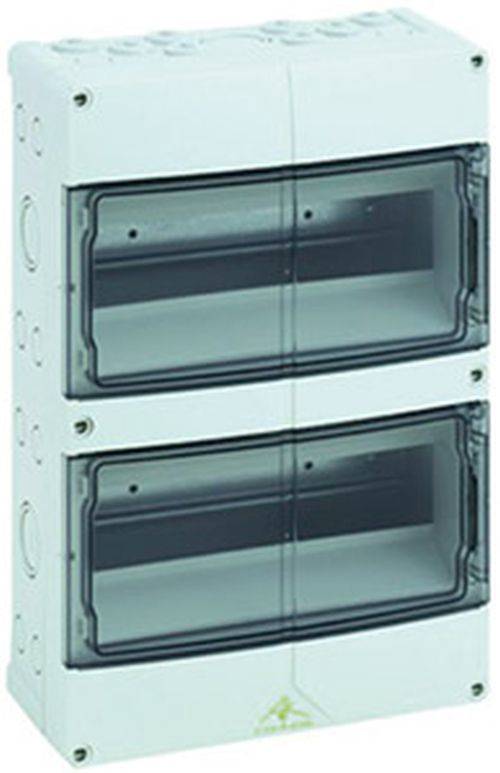 Eine weiße Elektroverteilerdose mit zwei transparenten, abgedeckten Fächern zur Unterbringung von Sicherungen oder Verdrahtungskomponenten.