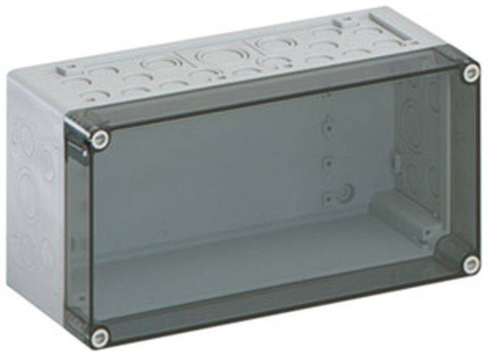 Rechteckige, transparente elektrische Verteilerdose mit mehreren runden Ausbrüchen auf der Oberseite, konzipiert für die Aufnahme von Kabelverbindungen.