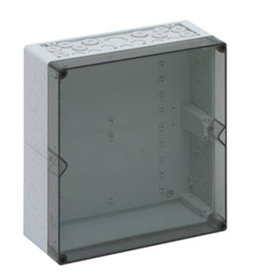 Eine transparente rechteckige Plastikgehäuse mit einem Klappdeckel, konzipiert für die Unterbringung elektronischer Komponenten, in geschlossenem Zustand dargestellt.