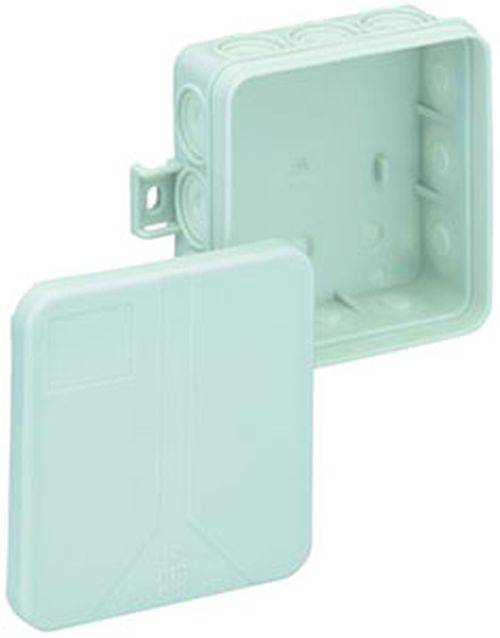 Offene rechteckige Kunststoff-Elektrobox mit seitlich angebrachtem Deckel, die Innenkompartimente und Kabeleintrittspunkte zeigt.