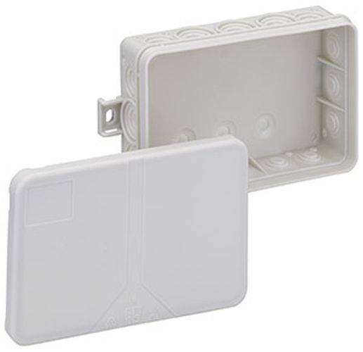 Eine rechteckige graue Elektro-Abzweigdose aus Kunststoff mit einem abnehmbaren offenen Deckel, die mehrere Kabeleinführungsöffnungen an den Seiten aufweist.