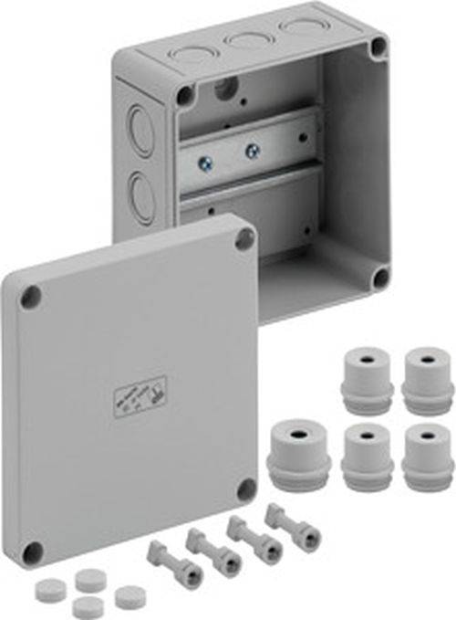 Graue elektrische Verteilerdose mit abnehmbarem Deckel, sechs Kabelverschraubungen und internen Montagelöchern.