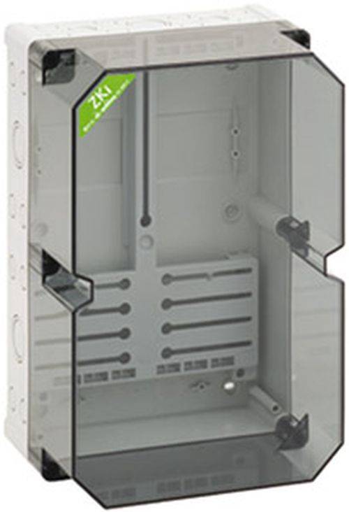 Elektrische Kabelverteilerkabinett mit transparenter Tür, mit der Bezeichnung 'ZKI', mit sichtbaren Innenmontageschlitzen zur Organisation und Befestigung von Kabeln.