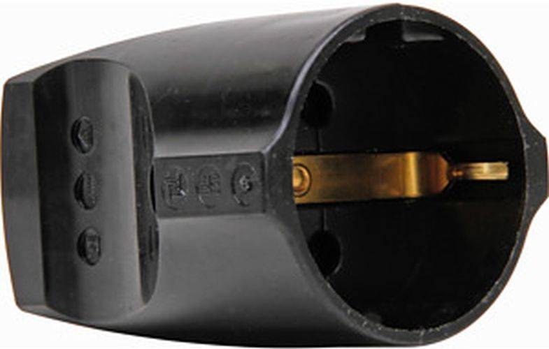 Eine Nahaufnahme eines schwarzen elektrischen Steckeradapters mit teilweise sichtbarem Messingkontakt, die die gerundete Form des Steckers und Details an der Seite zeigt.