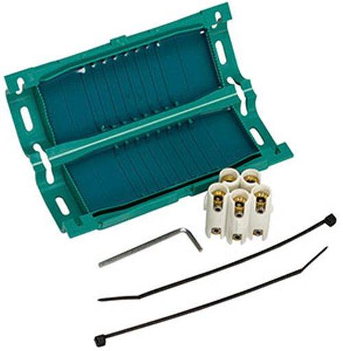 Grünes Kabelmanagement-Werkzeug mit Schrauben, Kabelbindern und einem Inbusschlüssel, entwickelt zum Organisieren und Sichern von Kabeln.