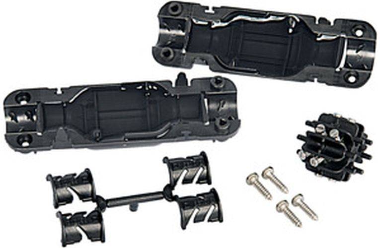 RC-Auto-Fahrgestell-Bausatz mit schwarzen Kunststoffteilen und vier Metallschrauben, die auf einem weißen Hintergrund angeordnet sind.