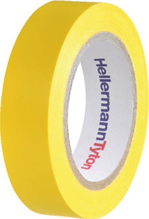 Eine Rolle gelben Isolierband mit der Aufschrift 'HellermannTyton' auf dem Innenkern, verwendet für elektrische Anwendungen.