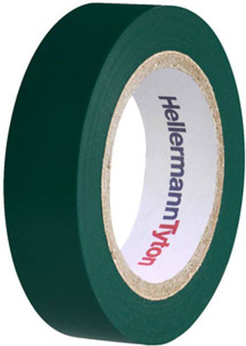 Eine Rolle grünen Elektroband mit der 'HellermannTyton'-Marke auf der Innenseite.