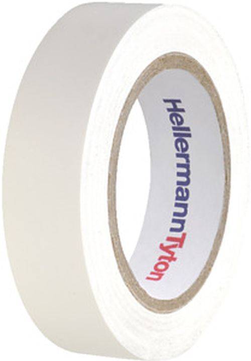 Eine Rolle weißen Klebebands mit dem Aufdruck 'HellermannTyton' auf der inneren Pappröhre.