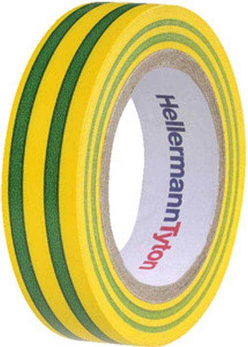 Grünes und gelbes gestreiftes Elektroisolierband auf einer Rolle mit sichtbarer 'HellermannTyton'-Markierung im Inneren.