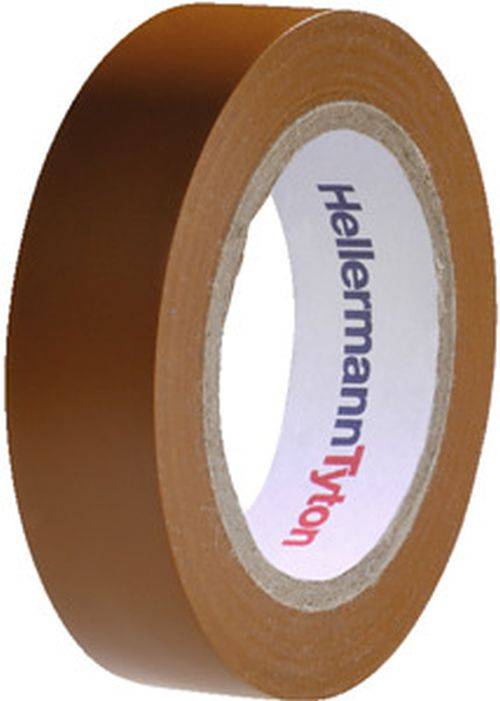 Eine Rolle braunes Klebeband mit dem Markennamen 'HellermannTyton', der auf dem Innenkern gedruckt ist.