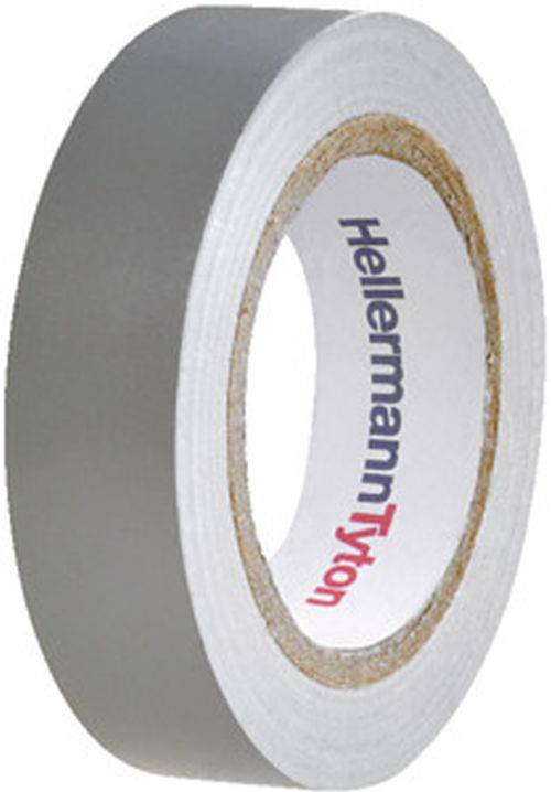 Das Bild zeigt eine Rolle grauen Klebebands mit dem 'HellermannTyton'-Logo, das auf der inneren Pappe gedruckt ist.
