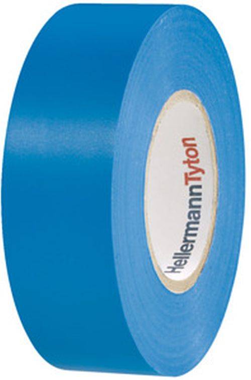 Eine Rolle blaues Elektroklebeband mit der Aufschrift 'HellermannTyton' auf dem Innenkern.