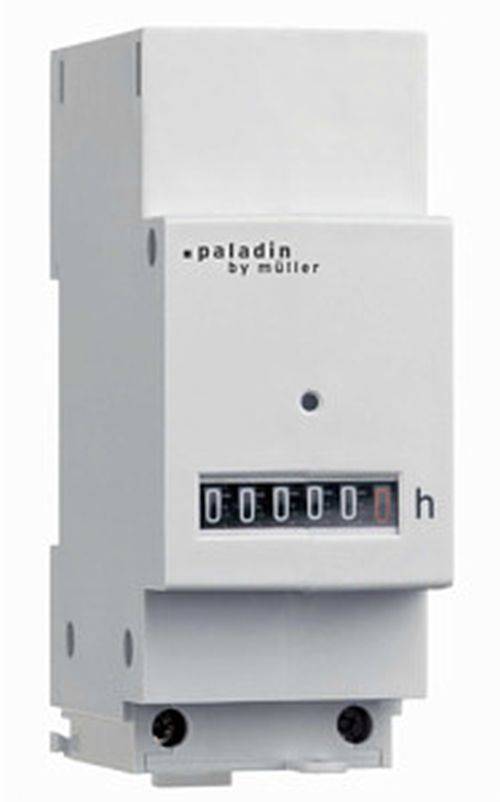 Ein Stromzähler, der '000000' Stunden anzeigt, mit der Markenbezeichnung 'Paladin by Müller' auf der Vorderseite, senkrecht an einer Wand montiert.