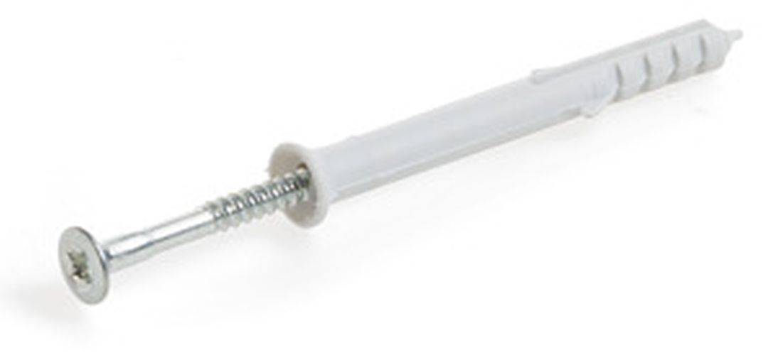 Ein Nahaufnahmebild von einem Wanddübel und einer Schraube, die zum Befestigen von Gegenständen an Wänden verwendet werden. Der Kunststoffdübel ist teilweise in die Wand eingesetzt.