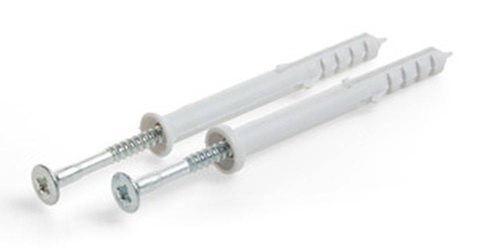 Zwei weiße Dübel mit teilweise eingedrehten Schrauben, von der Seite aufgenommen.
