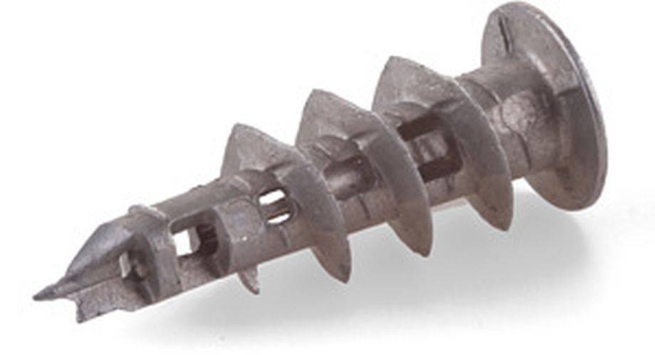 Eine Nahaufnahme einer grauen Kunststoff-Dübel mit Spiraldesign, die zum Befestigen von Schrauben in Wänden ohne Holzständer verwendet wird.