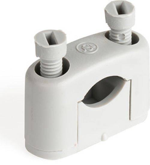 Kunststoff-Rohrschelle mit zwei Schrauben zum Befestigen von Rohren, entwickelt für die Montage an Wänden oder Oberflächen.