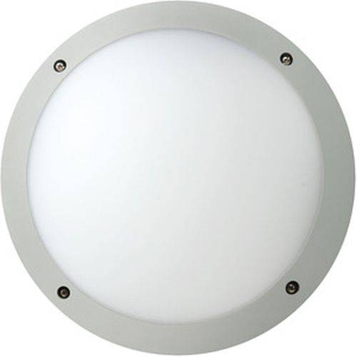 Eine kreisförmige, an der Decke montierte LED-Leuchte mit einer mattweißen Abdeckung und metallischem Rand, die von vier Schrauben gehalten wird.