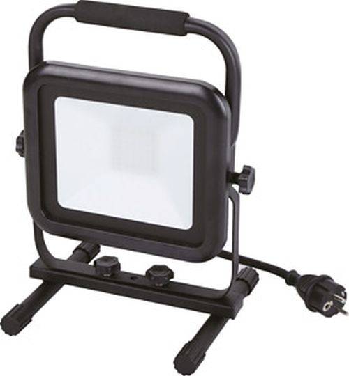 Eine tragbare LED-Arbeitsleuchte auf einem Stativ mit verstellbarem Griff und Netzkabel, geeignet für Innen- und Außeneinsatz.