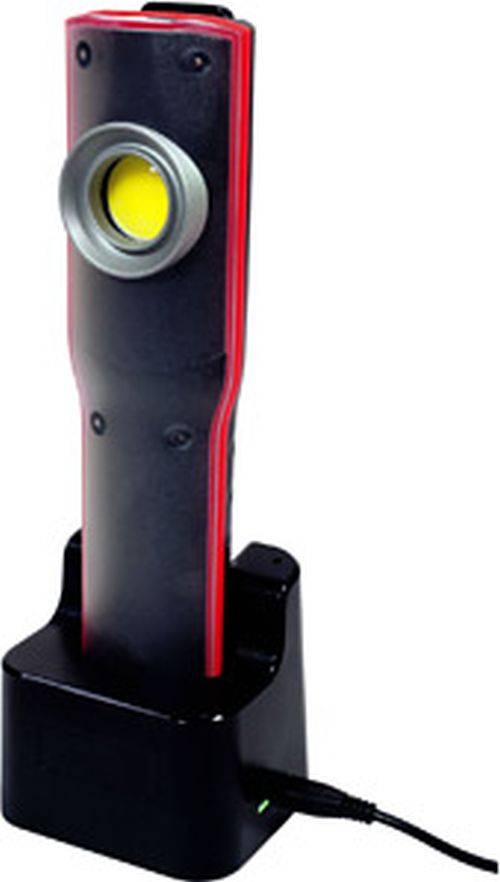 Tragbare LED-Taschenlampe mit magnetischer Basis, die ein kompaktes und zylindrisches Design für eine nutzungsfreie Handhabung aufweist.